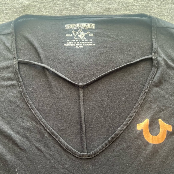 True Religion black foil horseshoe rose gold C short sleeve top cage stretch XL - Picture 4 of 8